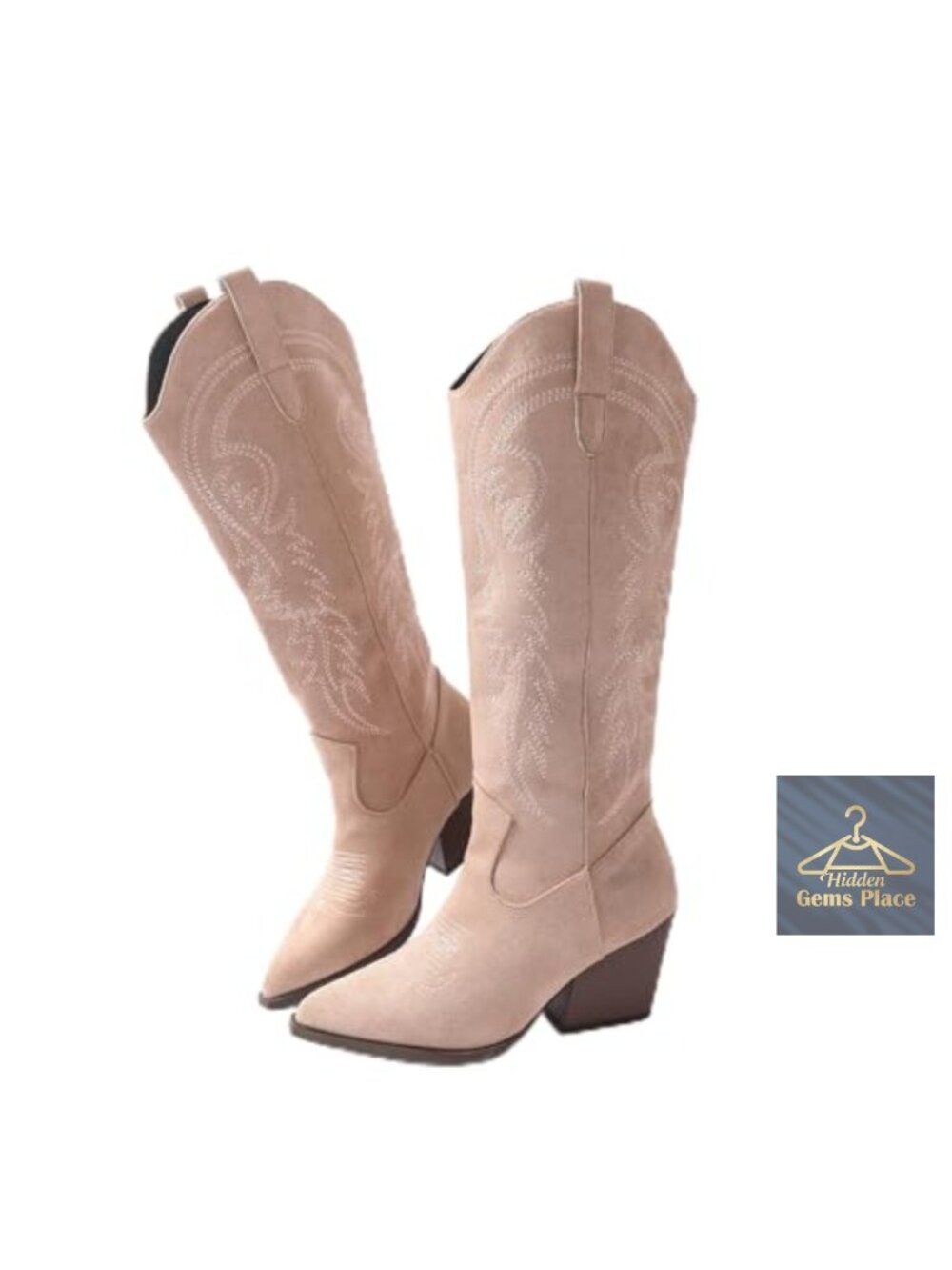Faux Suede Embroidered Knee-High Western Boots Chunky Heel Pull-On Square Toe